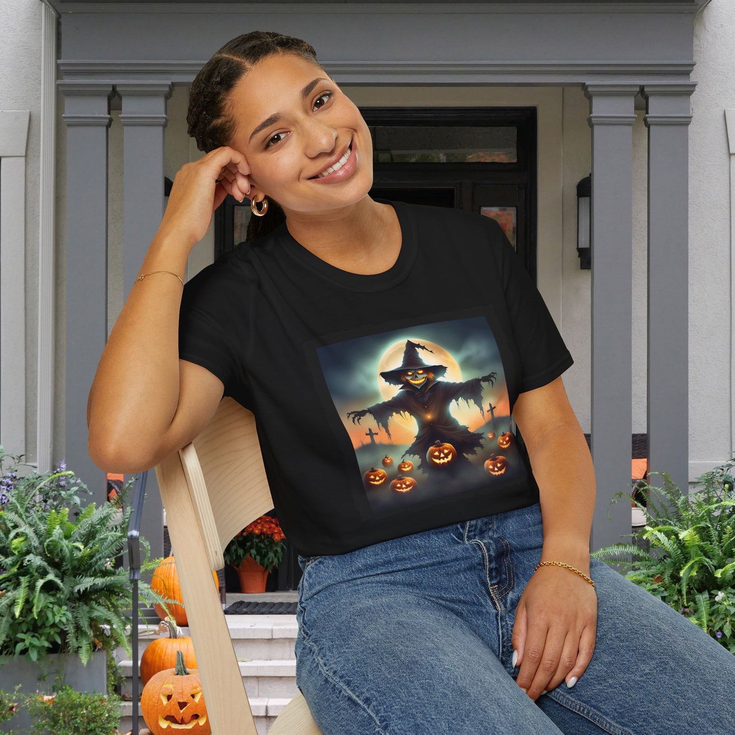 Halloween Scarecrow w/Pumpkins 2 Adult T-shirt