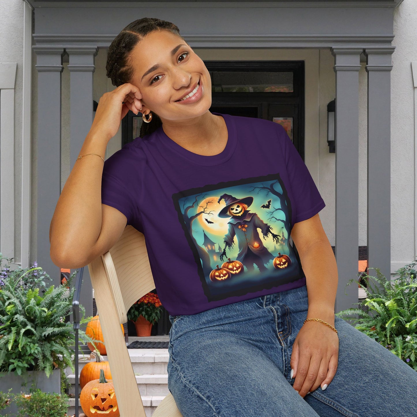 Halloween Scarecrow w/Pumpkins 3 Adult T-shirt