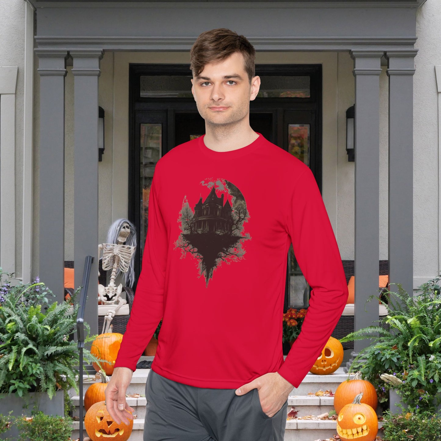 Halloween Haunted House Adult Long Sleeve Tee