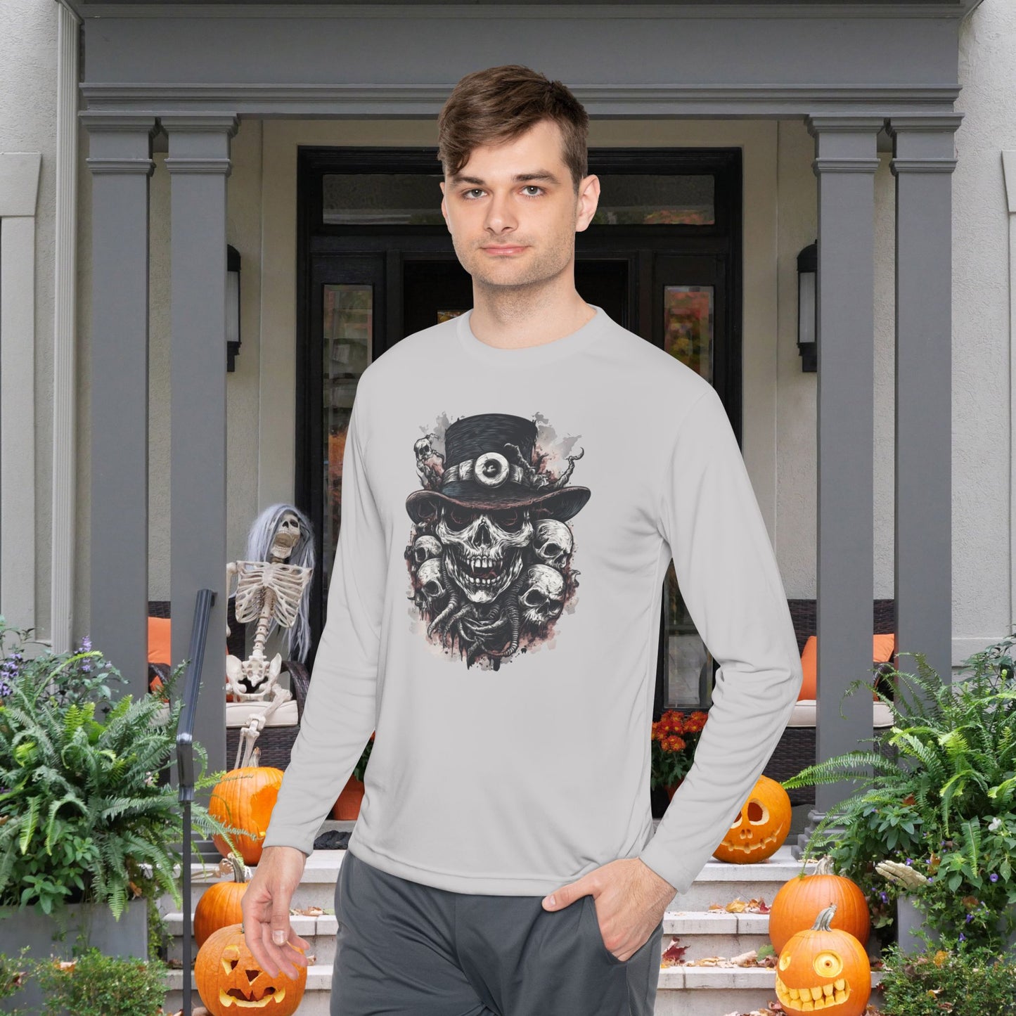 Creepy Skull w/Top Hat Adult Long Sleeve Tee