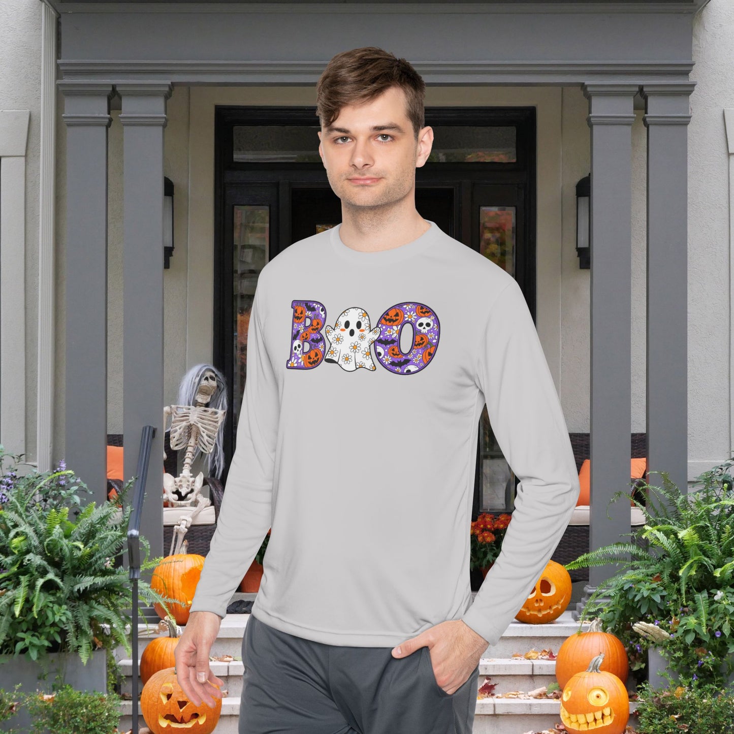 Cute Floral Boo w/Ghost Adult Long Sleeve Tee