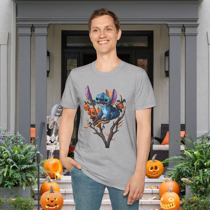 Halloween Stitch in Tree w/Pumpkins Adult T-shirt