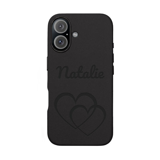 Personalized Name & Double Heart Engraved Leather Phone Case