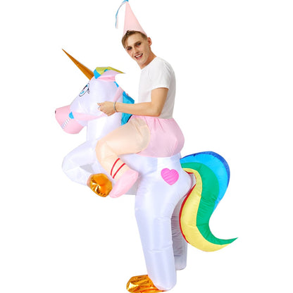 Inflatable White Unicorn Rider Costume with Rainbow Tail for Adults