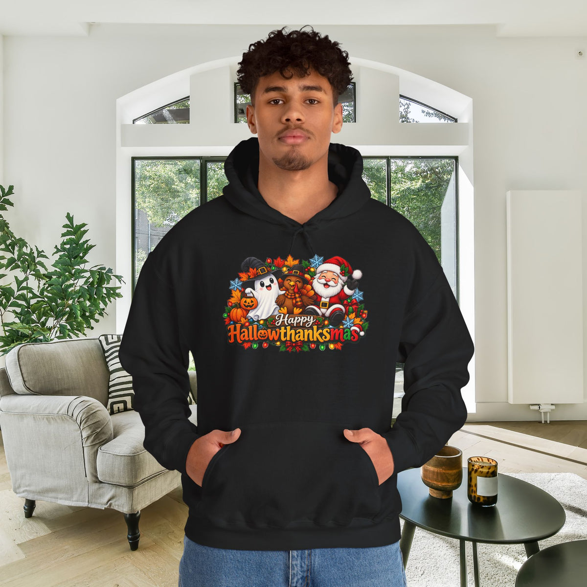 Happy Hallowthanksmas Shirt (Ghost/Turkey/Santa) Heavy Blend™ Adult Hoodie