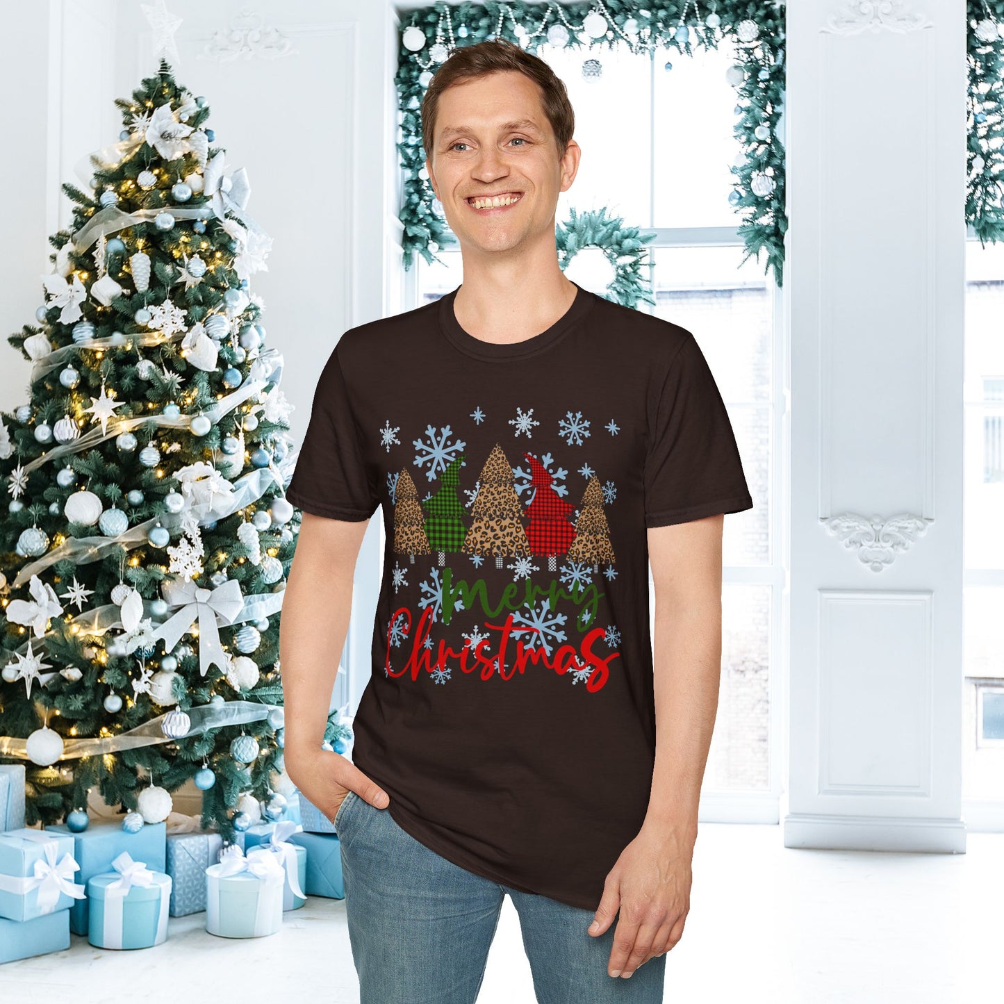 Checkered Print Trees Merry Christmas Adult T-shirt