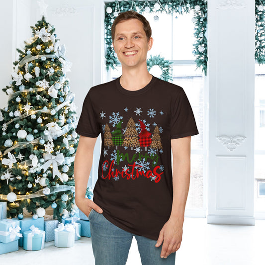 Checkered Print Trees Merry Christmas Adult T-shirt