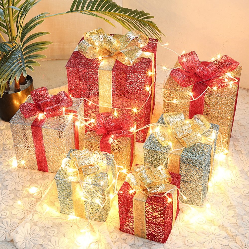 Lighted Metal Gift Box Sets of 3 – LED Christmas Decorations in Gold, Red, Blue & Silver