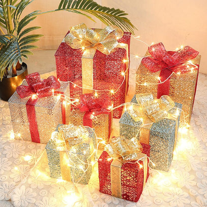 Lighted Metal Gift Box Sets of 3 – LED Christmas Decorations in Gold, Red, Blue & Silver