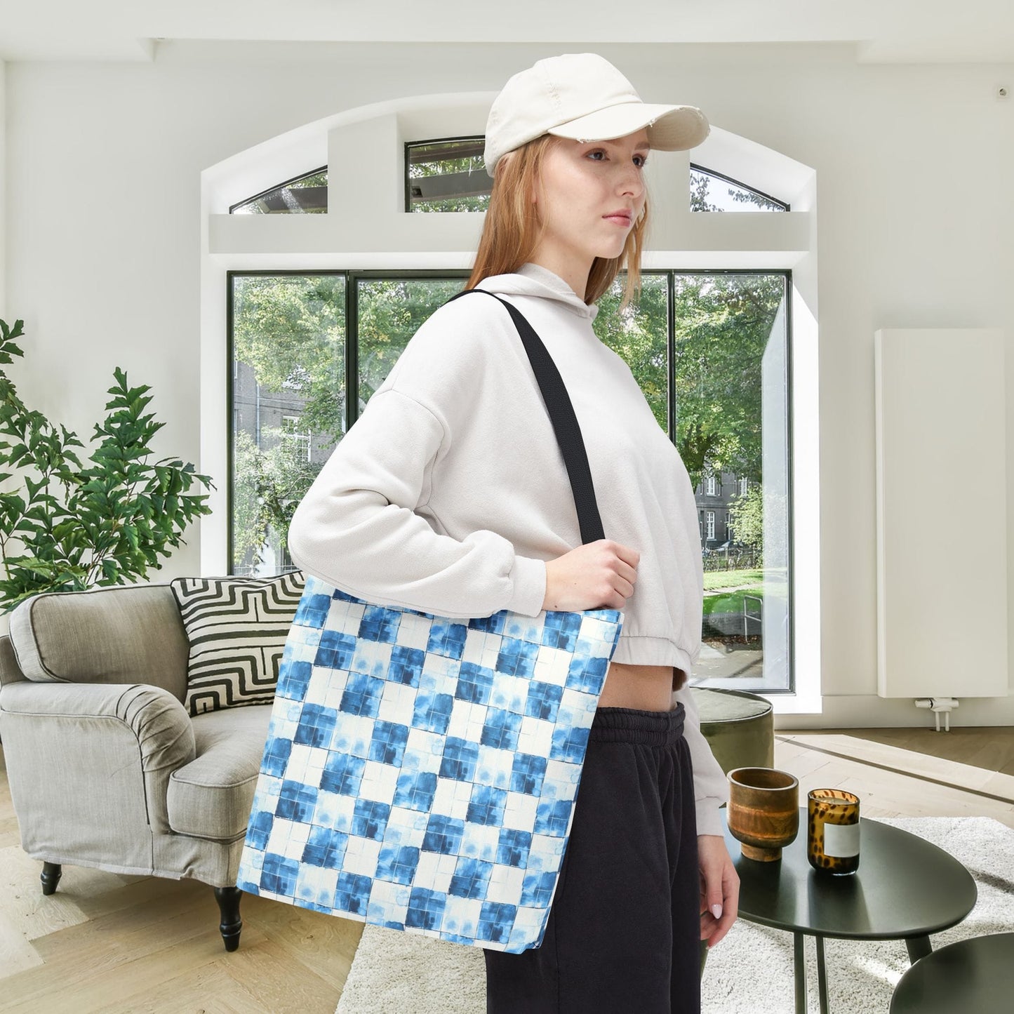 Cozy Blue Checkered Canvas Tote Bag