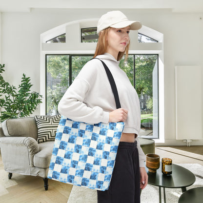 Cozy Blue Checkered Canvas Tote Bag