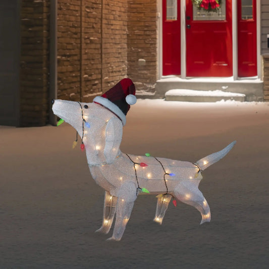 Illuminated Christmas Dog Decor – White Pup with Santa Hat