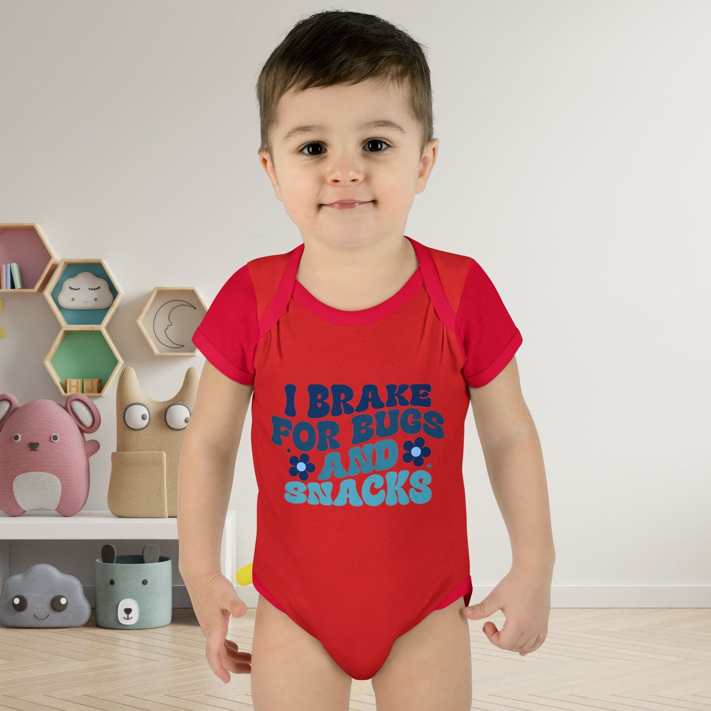 I Brake For Bugs and Snacks Infant Baby Rib Bodysuit