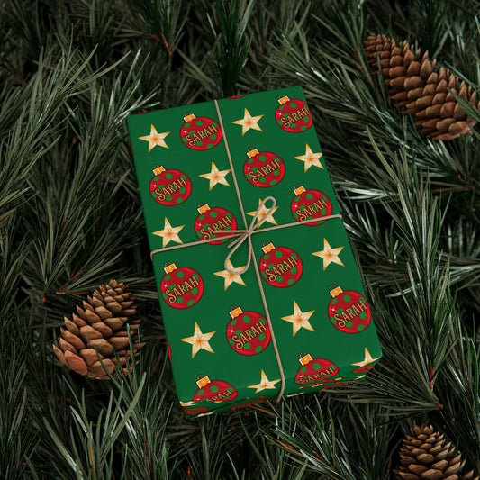 Red Ornament Gold Star Green Custom Wrapping Paper (Sarah)