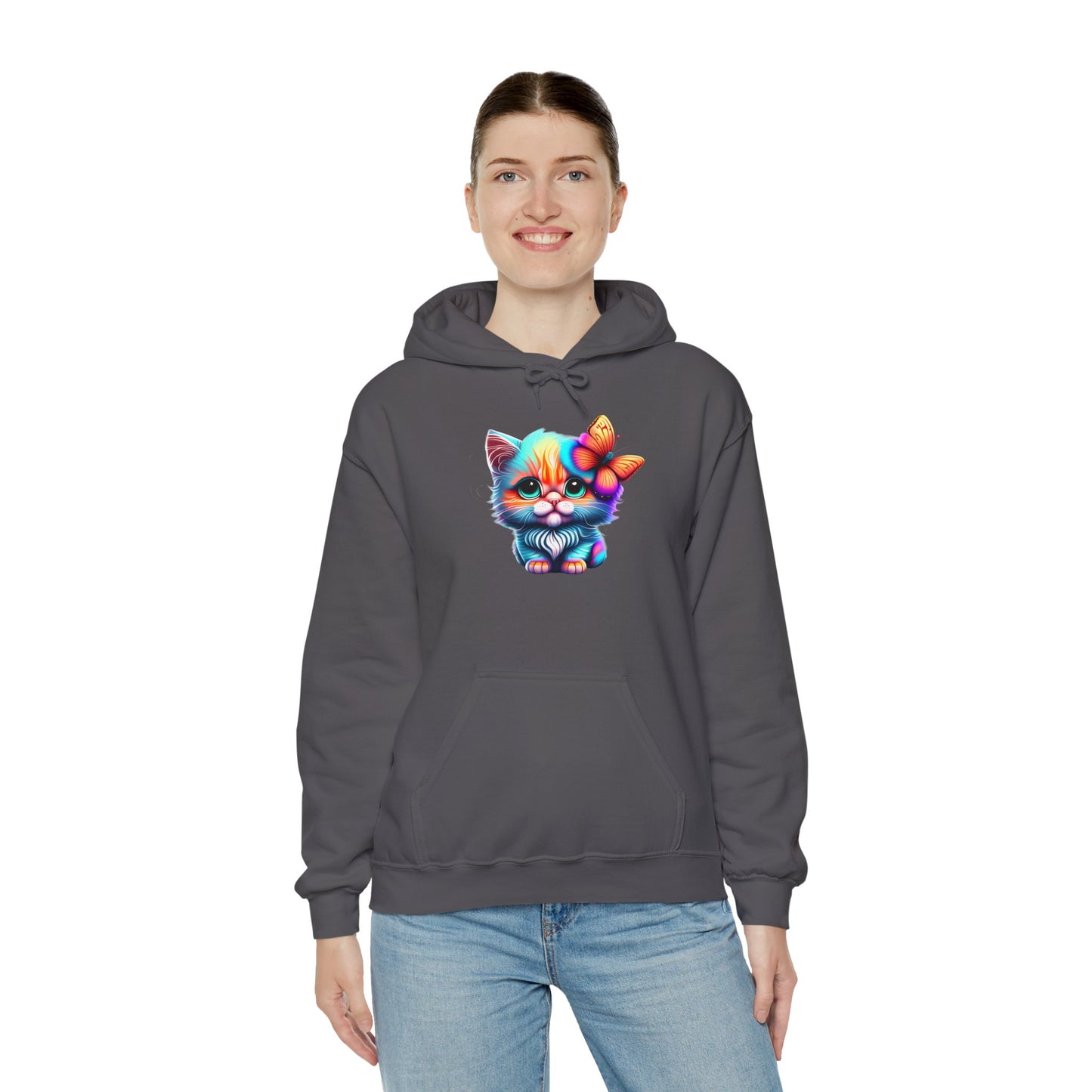 Cute Colorful Kitten w/Butterfly Heavy Blend™ Hooded Sweatshirt