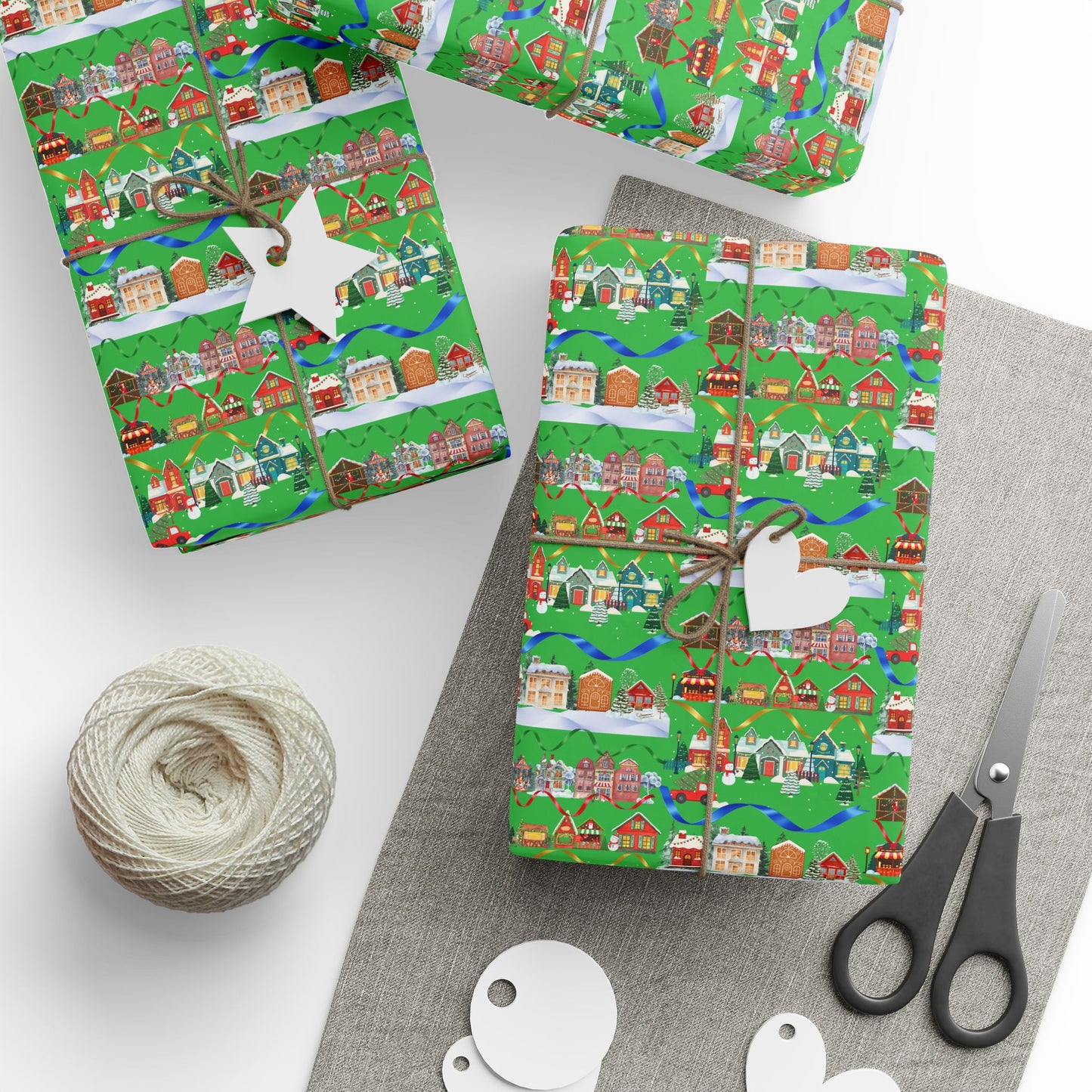 Colorful Christmas Village Green Wrapping Paper