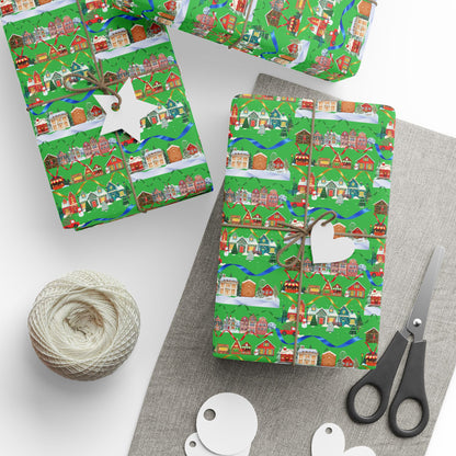Colorful Christmas Village Green Wrapping Paper