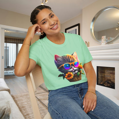 Cool Colorful Kitten in Flowers Adult T-shirt