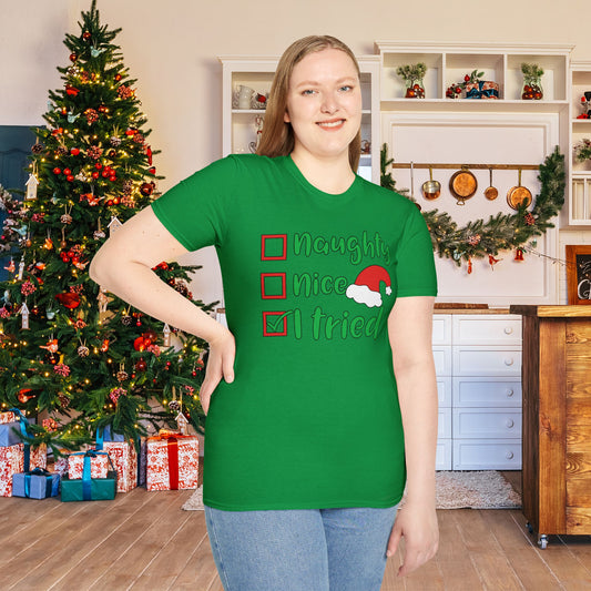 Naughty; Nice; I Tried Crew Adult T-shirt