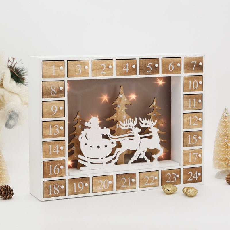 Wooden Advent Calendar with Drawers – Santa Sleigh & Reindeer Silhouette