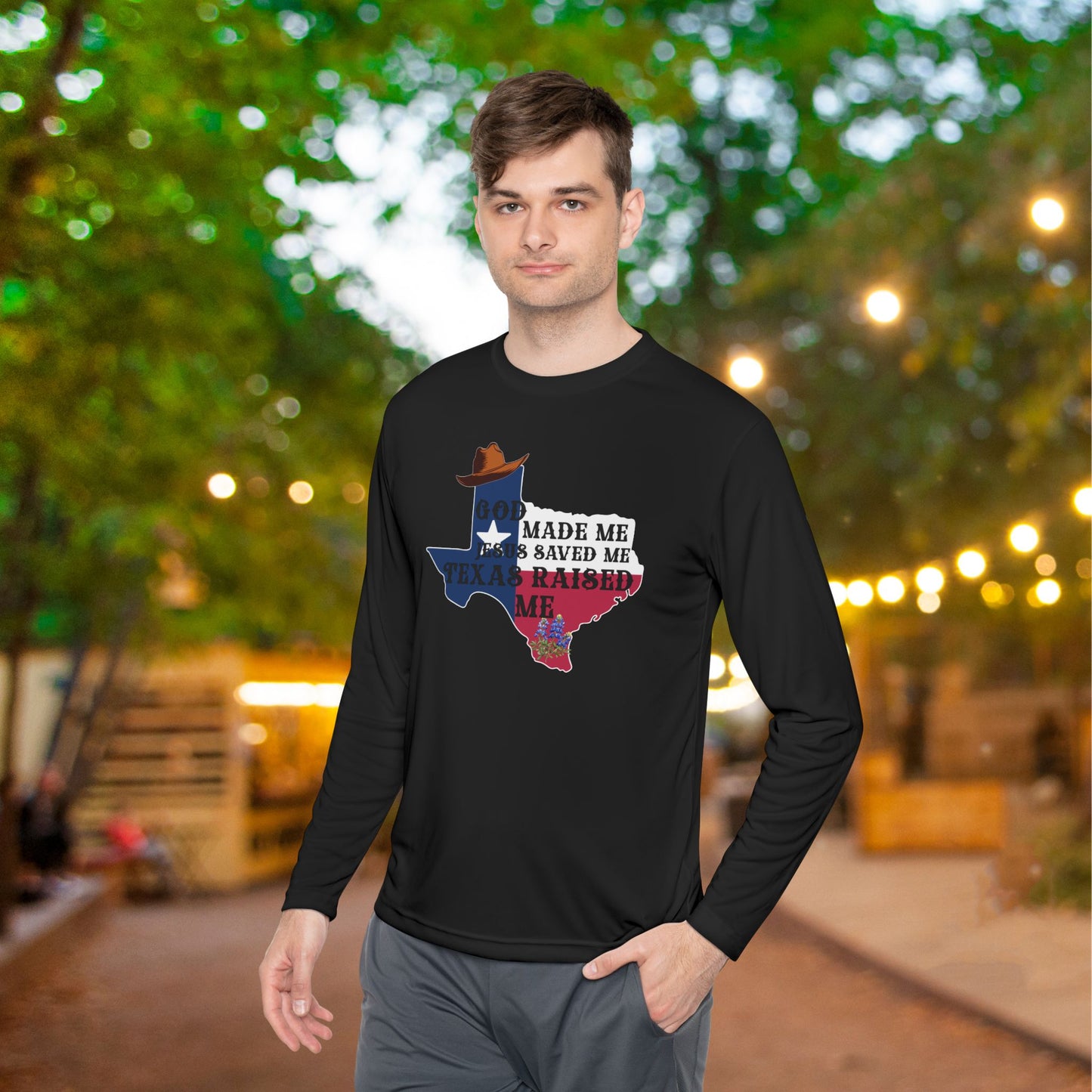 God Made Me Jesus Saved Me Texas Raised Me Adult Long Sleeve Tee