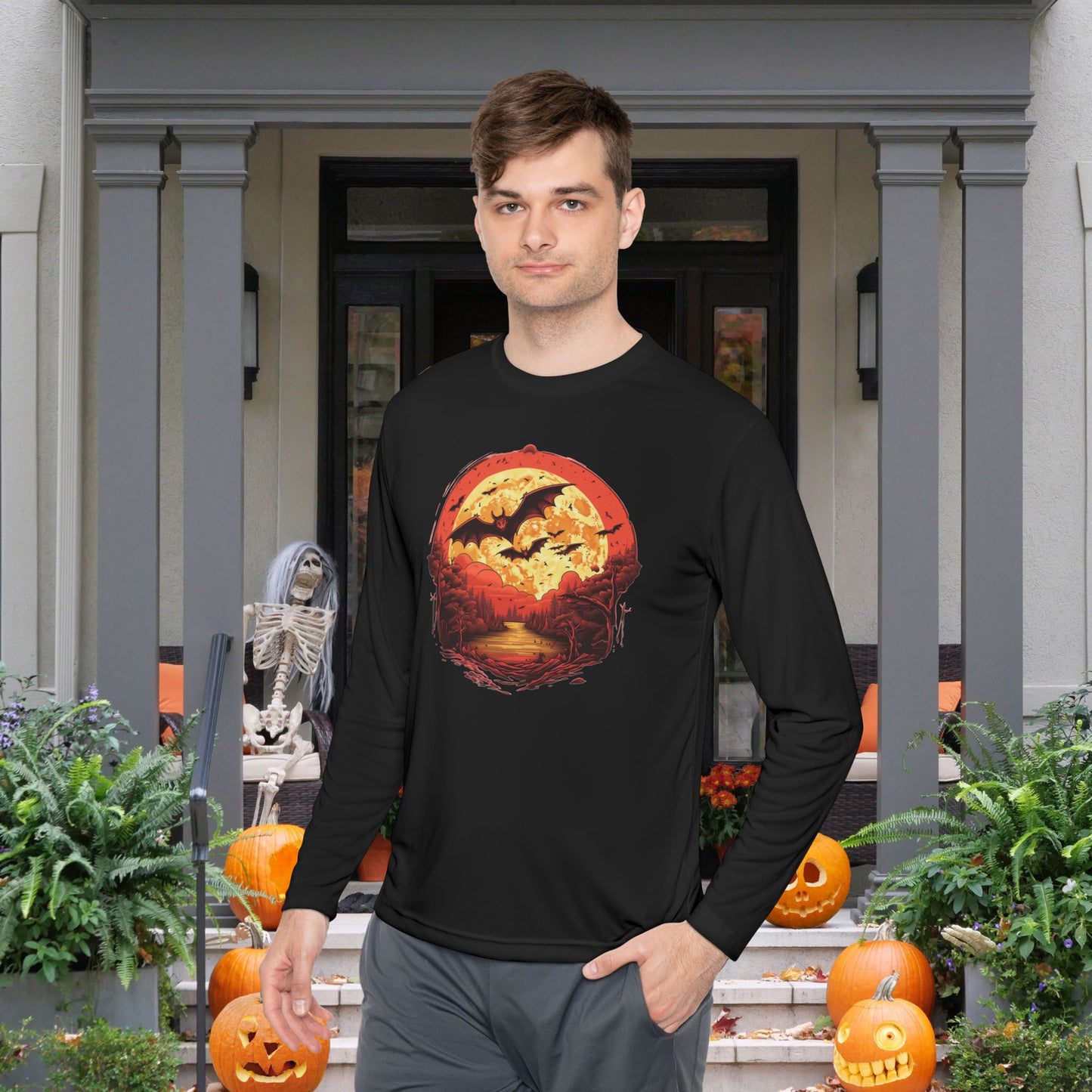 Creepy Bats Over Moon 2 Adult Long Sleeve Tee