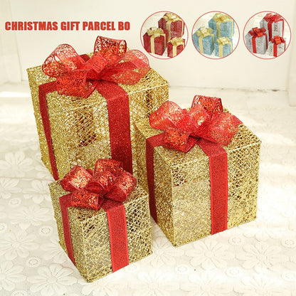 Lighted Metal Gift Box Sets of 3 – LED Christmas Decorations in Gold, Red, Blue & Silver