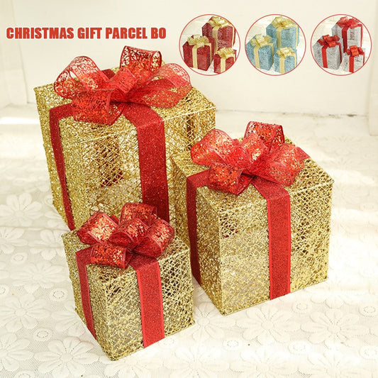 Lighted Metal Gift Box Sets of 3 – LED Christmas Decorations in Gold, Red, Blue & Silver