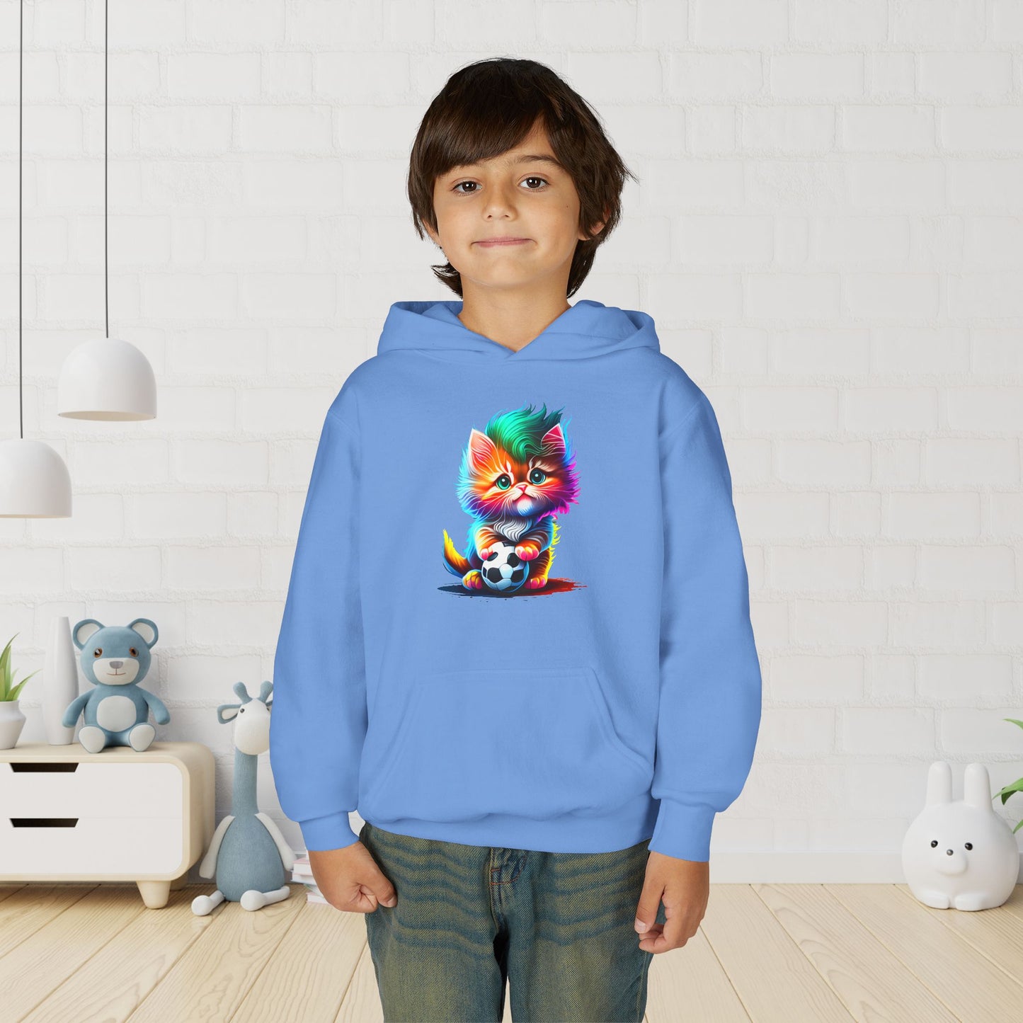 Cute Colorful Kitty w/Soccer Ball Youth Hoodie