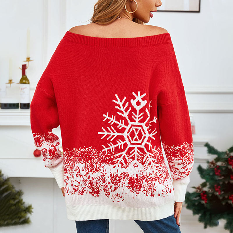 Little Snowflake Casual Off-the-shoulder Christmas Sweater for Women