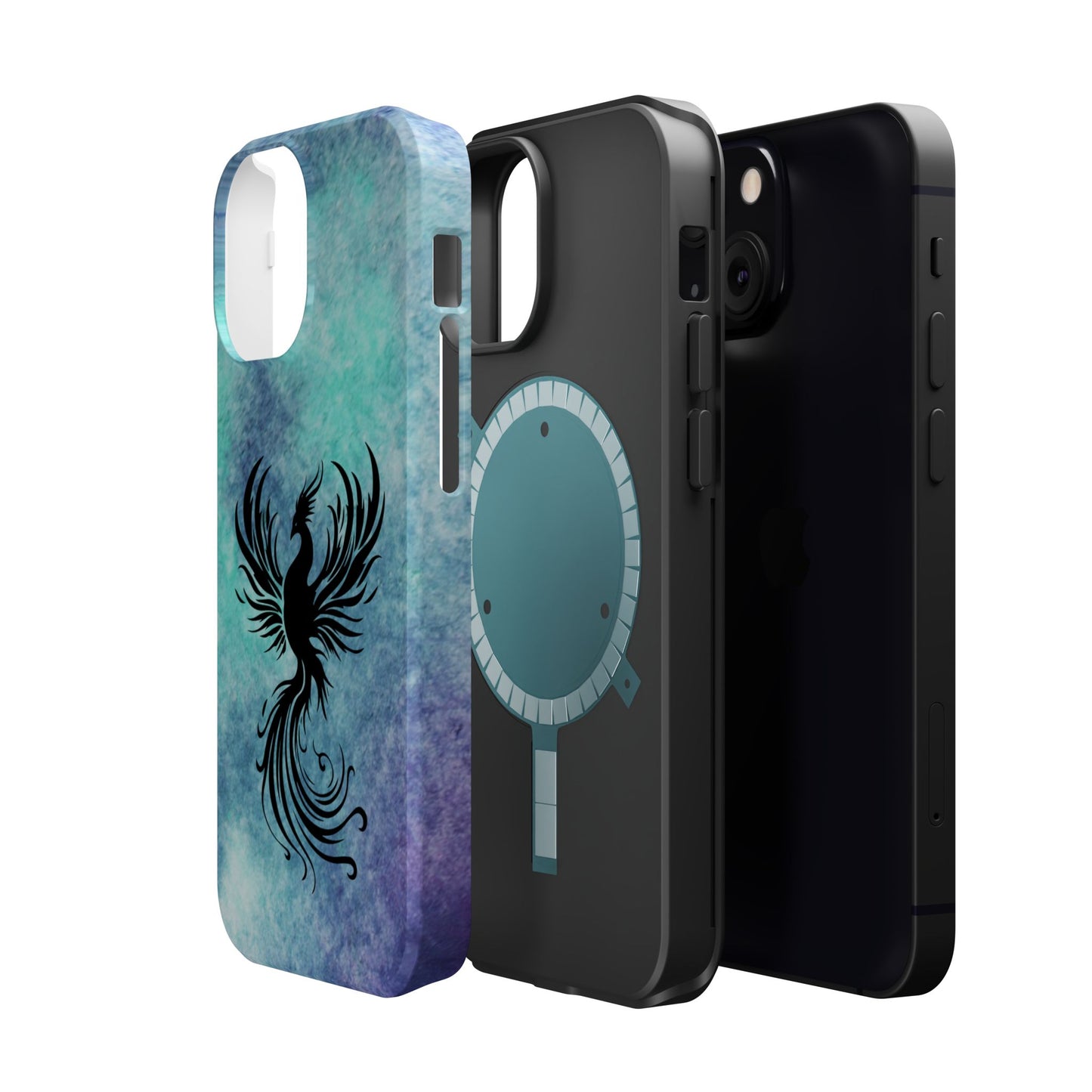 Phoenix Silhouette Over Teal Nebula MagSafe® Compatible Tough Case for iPhone