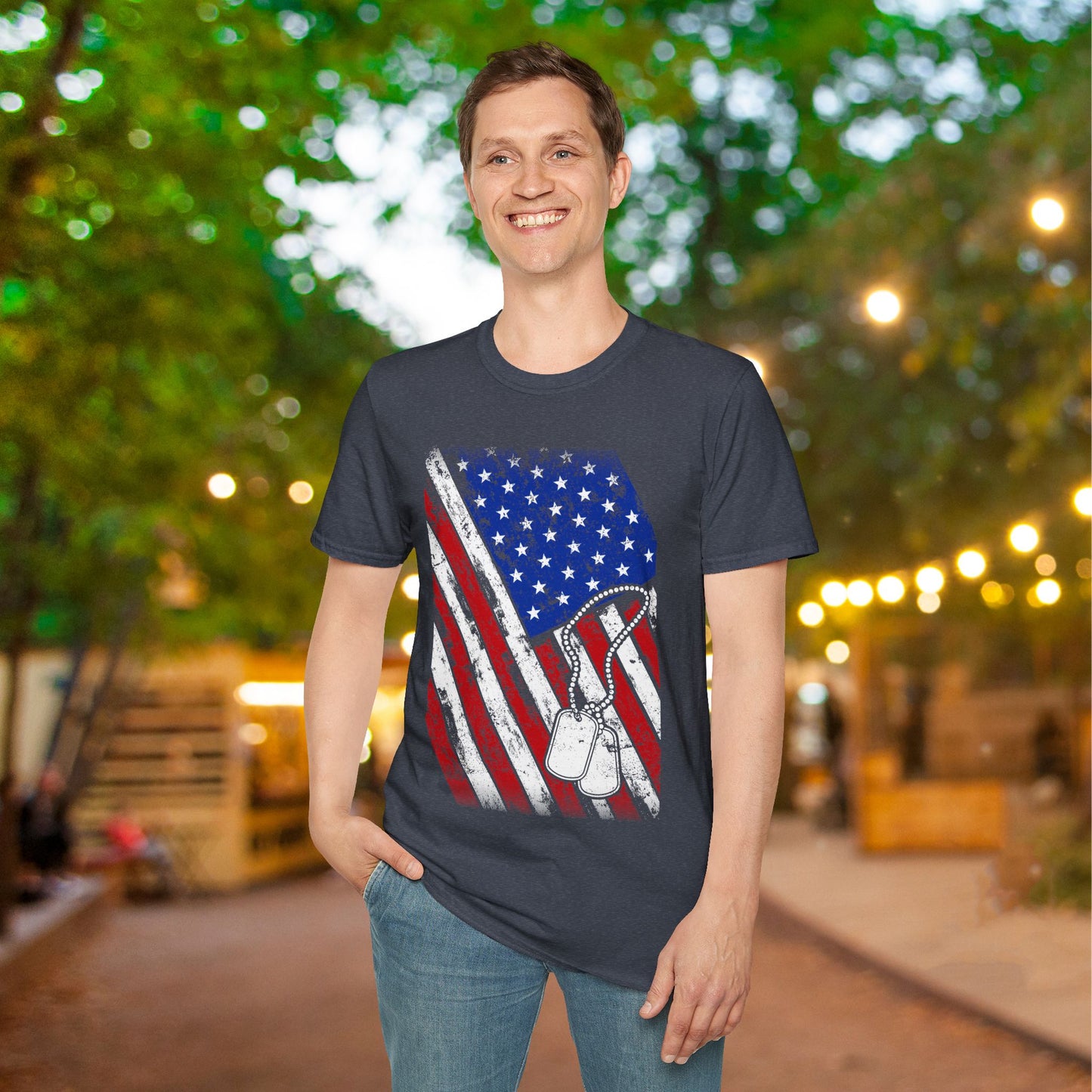 Distressed American Flag w/Dog Tags Adult T-Shirt