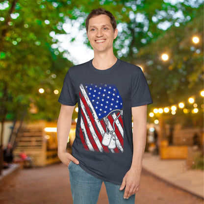 Distressed American Flag w/Dog Tags Adult T-Shirt