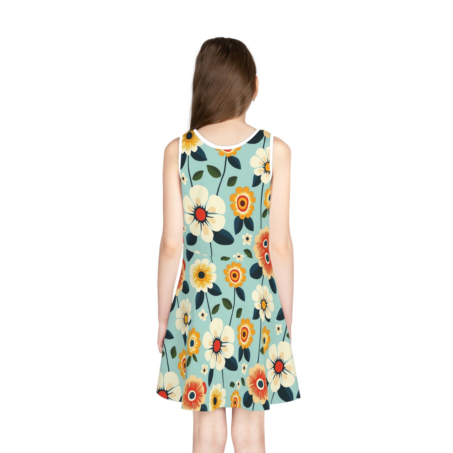 Vivid Flowers on Teal Print Girls' Sleeveless Sundress - Perfect for Summer Parties & Playdates