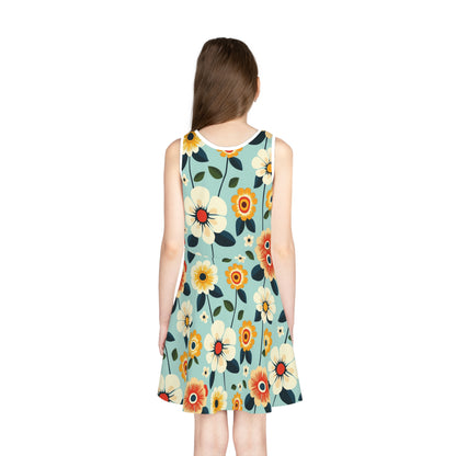 Vivid Flowers on Teal Print Girls' Sleeveless Sundress - Perfect for Summer Parties & Playdates