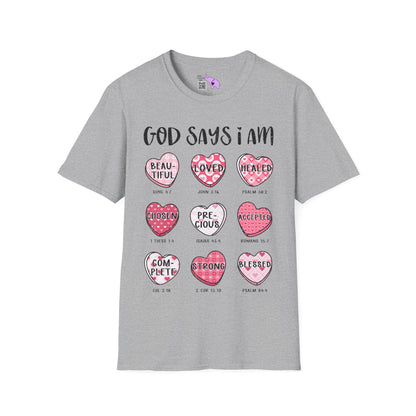 God Says I Am... (Conversation Hearts) Adult T-shirt