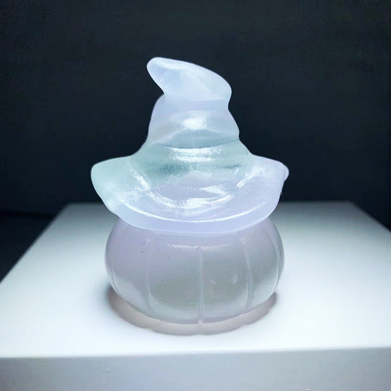 Natural Stone Carved Pumpkin w/Witch Hat