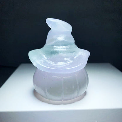 Natural Stone Carved Pumpkin w/Witch Hat