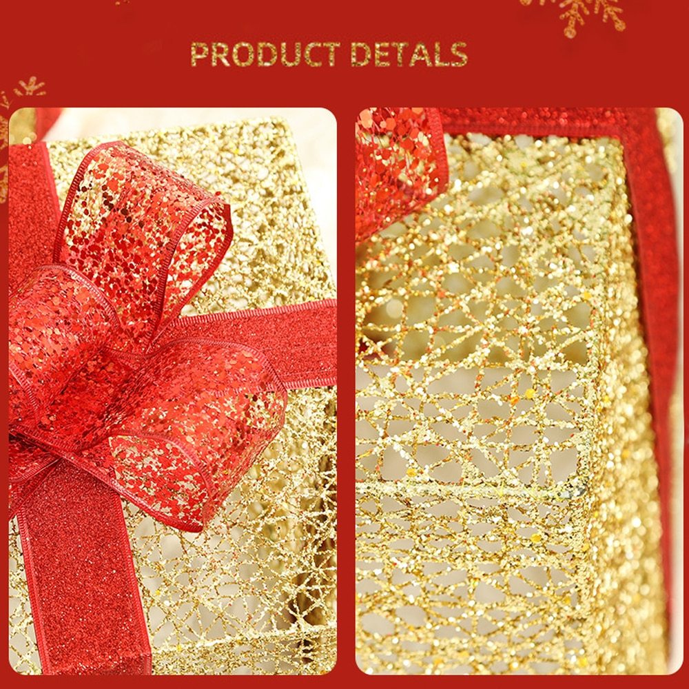 Lighted Metal Gift Box Sets of 3 – LED Christmas Decorations in Gold, Red, Blue & Silver