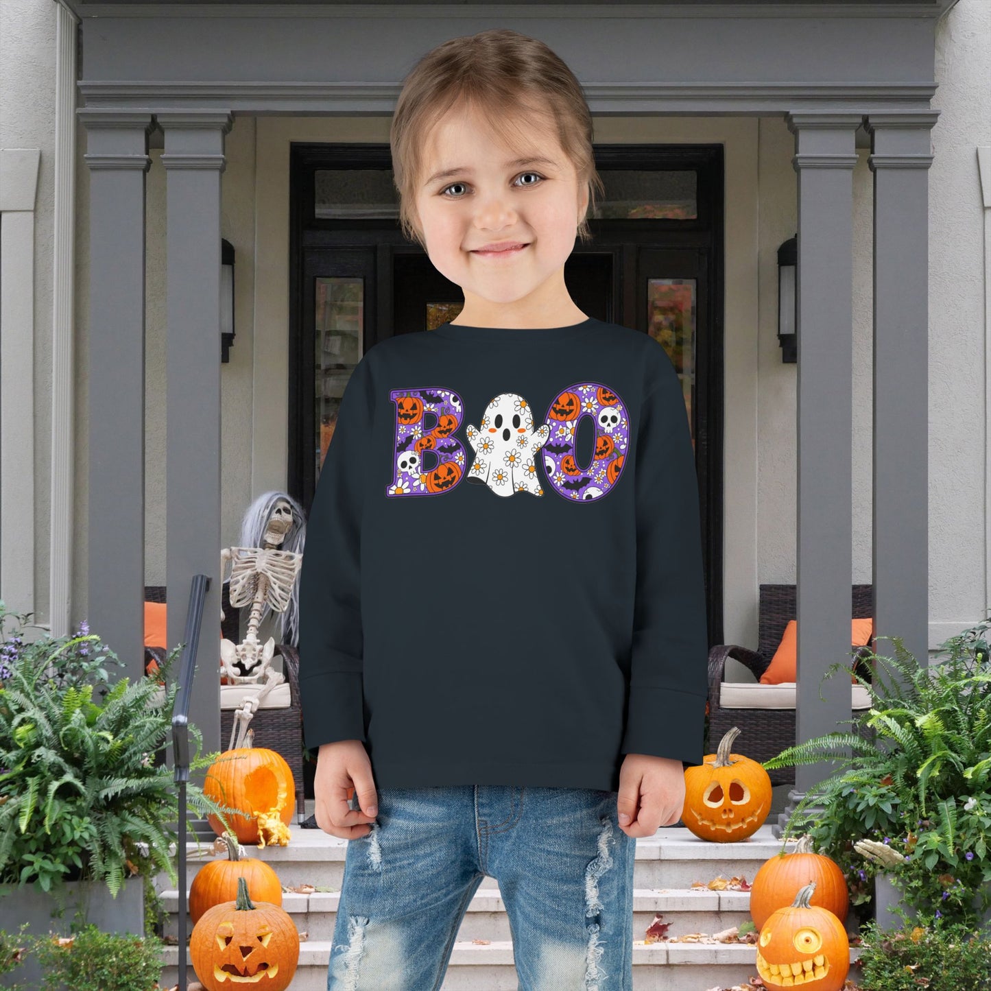 Cute Floral Boo w/Ghost Toddler Long Sleeve Tee