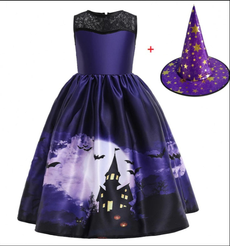 Halloween Cute Witch Dress Printed Mesh