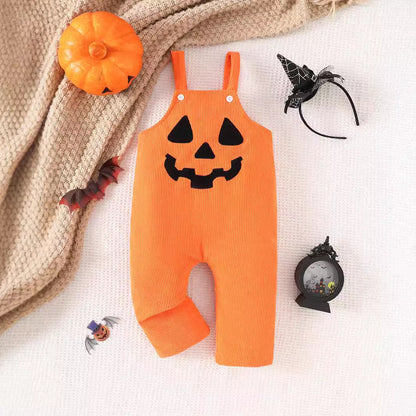 Embroidered Halloween Pumpkin Grimace Corduroy Overalls