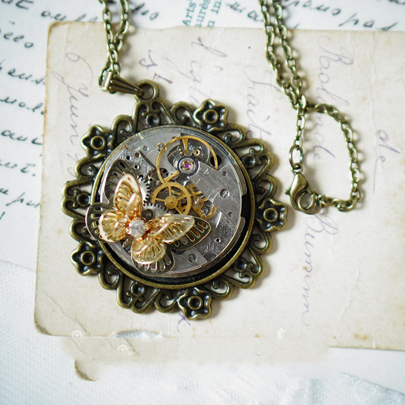 Vintage Steampunk Butterfly Copper Pendant Necklace