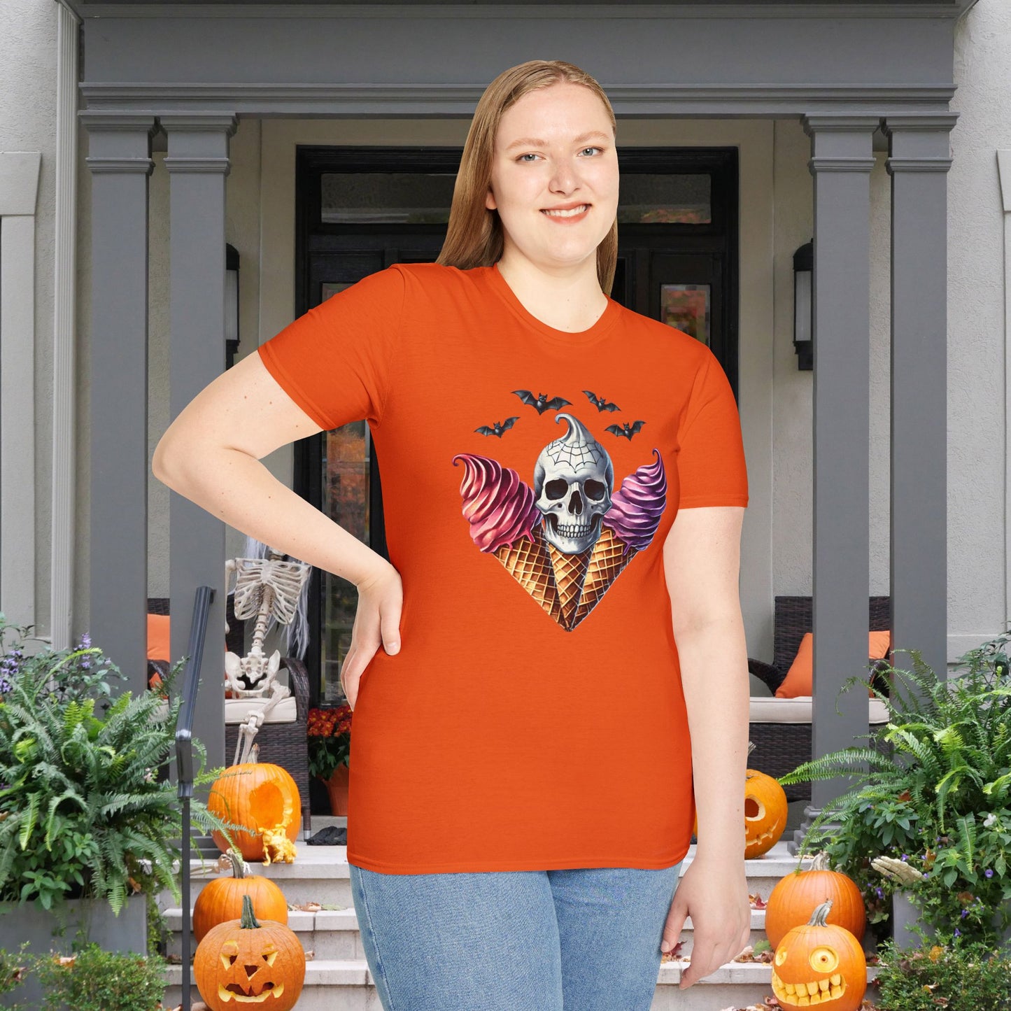Cute Ice Cream Cone Skull w/Bats Adult T-shirt