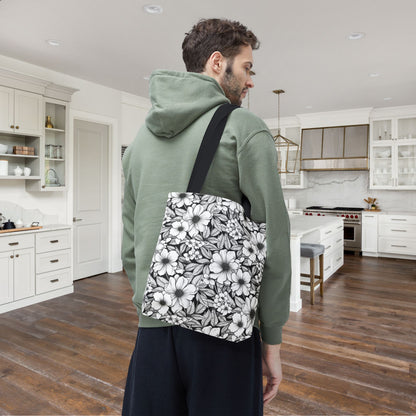 Black & White Forget-Me-Nots Canvas Tote Bag