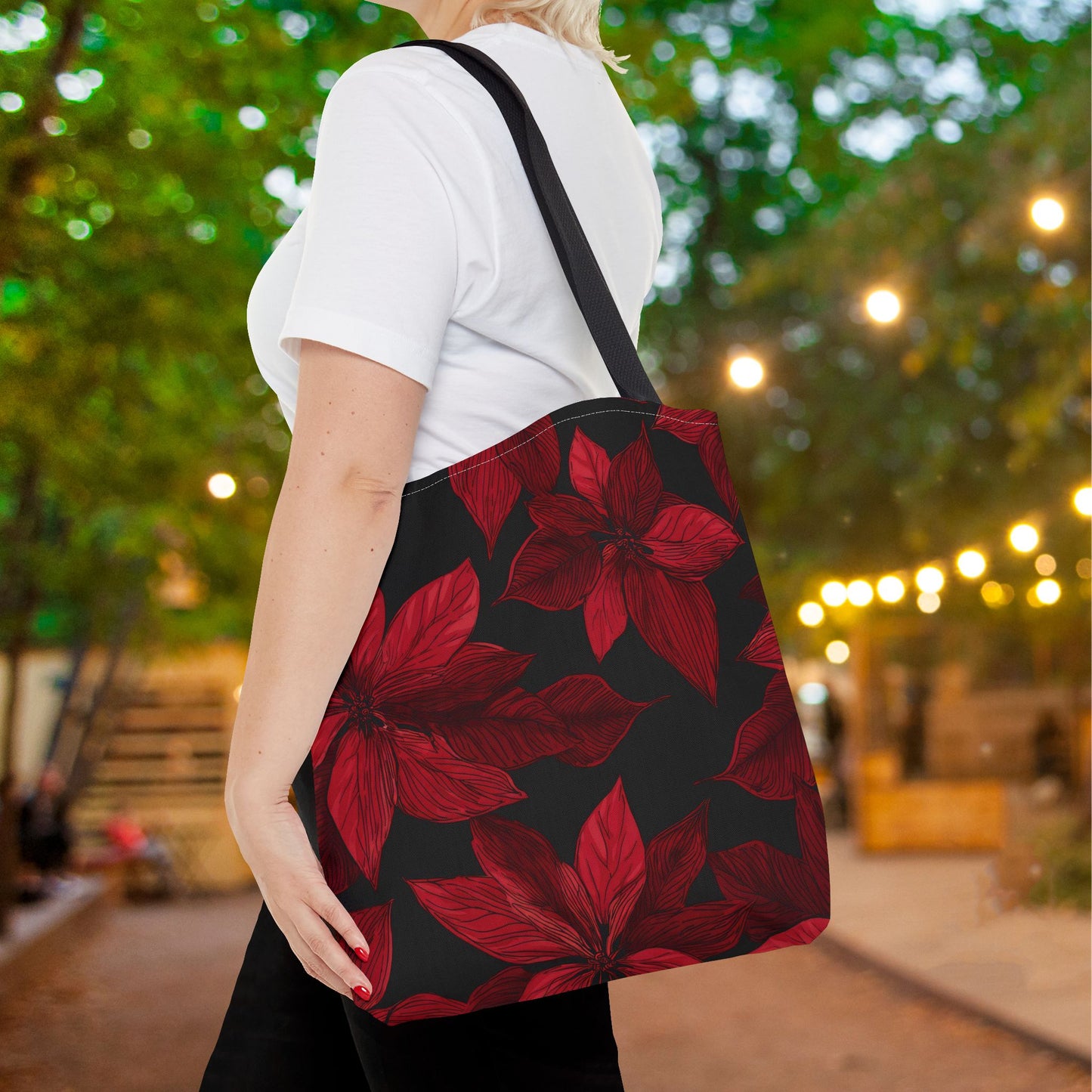 Midnight Poinsettia Garden Canvas Tote Bag