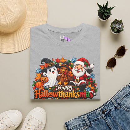 Hallowthanksmas Shirt (Ghost/Turkey/Santa) Adult T-shirt
