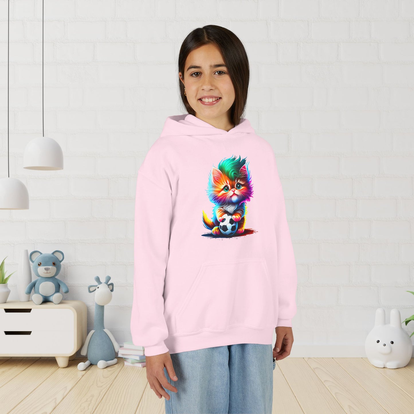 Cute Colorful Kitty w/Soccer Ball Youth Hoodie