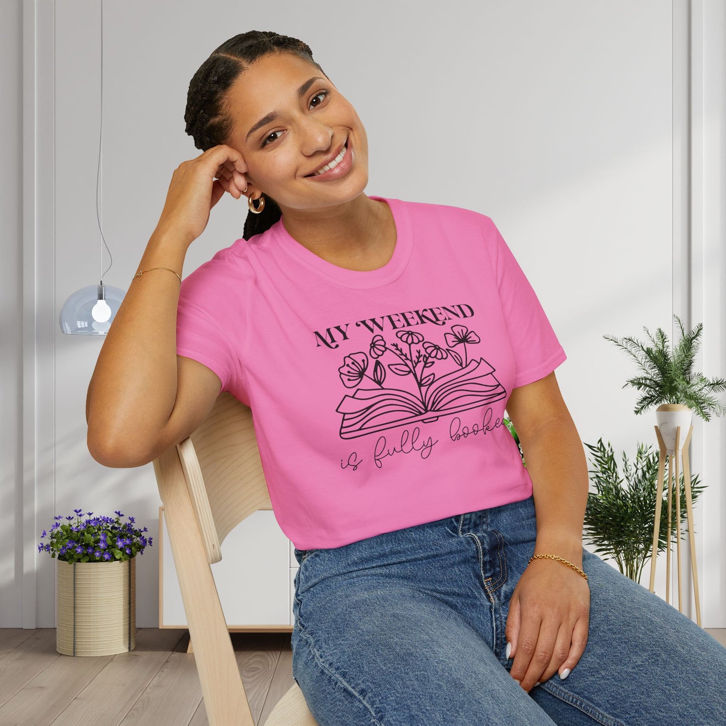 My Weekend Is Fully Booked (Flowers, Open Book) Adult T-shirt