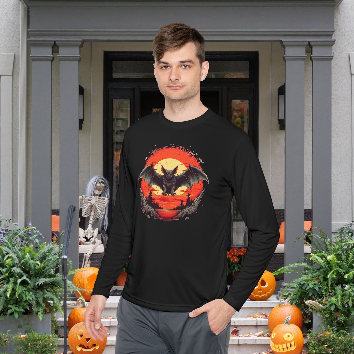 Creepy Bats Over Moon 15 Adult Long Sleeve Tee